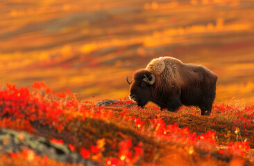 A musk ox surrounded by vibrant autumn colors of orange and red on the tundra ground nearby the coastal Boltzree National Park