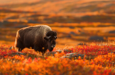 A musk ox surrounded by vibrant autumn colors of orange and red on the tundra ground nearby the coastal Boltzree National Park - obrazy, fototapety, plakaty