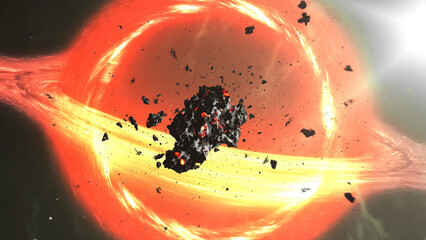 supermassive black hole sucks stars and asteroids

3D rendering of large Black Hole pulling asteroids, 2024
