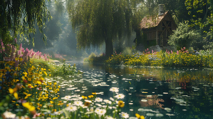 A tranquil riverside scene with a picturesque watermill nestled among weeping willows and wildflowers