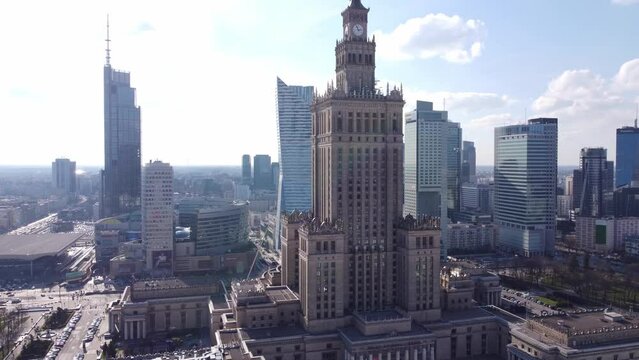 Aerial view of Warsaw city center with the Palace of Culture and Science in front on a sunny day