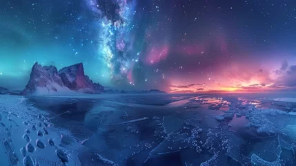 Selbstklebende Fototapete Nordlichter Vivid aurora borealis over frozen lake  hyperrealistic night scene with wide angle view