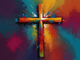 Painting colorful cross abstrac splashes of paint, new school modern christianity