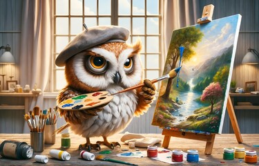 An owl painting a canvas