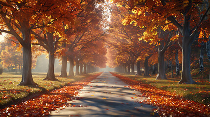 A tree-lined avenue ablaze with autumn colors - obrazy, fototapety, plakaty