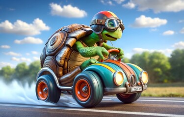 a turtle driving a car shaped like a shell