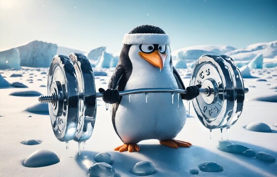 A penguin lifting weights made of ice