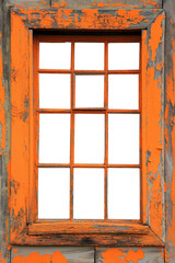 Old apocalyptic orange wood window frame. Isolated transparent background PNG. Grunge cracked and peeling paint wooden window frame cutout. Abandoned and old. Historical and dilapidated.