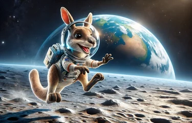 Fotobehang A kangaroo jumping on the moon's surface © Meeza