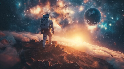 Cosmic Explorer. An astronaut stands on a rocky terrain against a backdrop of space, stars, and Earth. The celestial traveler gazes into the cosmos, a lone figure amidst the grandeur of the universe. - obrazy, fototapety, plakaty