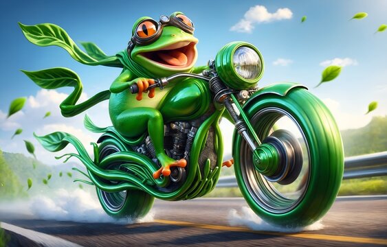 a frog riding a uniquely shaped green motorcycle