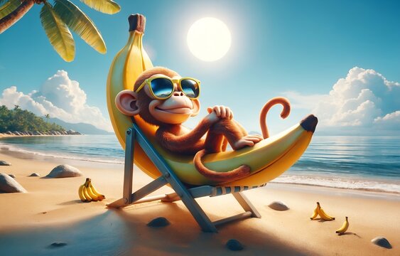 a monkey wearing sunglasses, sitting on a beach chair shaped like a banana