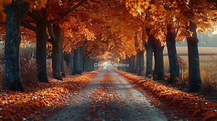 A tree-lined avenue ablaze with autumn colors