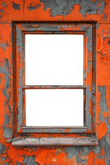 Orange Old apocalyptic wood window frame. Isolated transparent background PNG. Grunge cracked and peeling paint wooden window frame cutout. Abandoned and old. Historical and dilapidated.