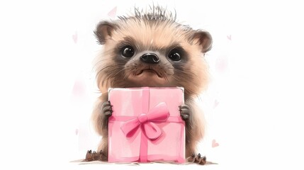 Cute hedgehog holding a pink gift box.
Concept: giving gifts, children's books and celebrating holidays in the family.