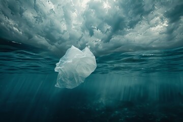 Single plastic bag floating in the serene ocean waters depicting pollution