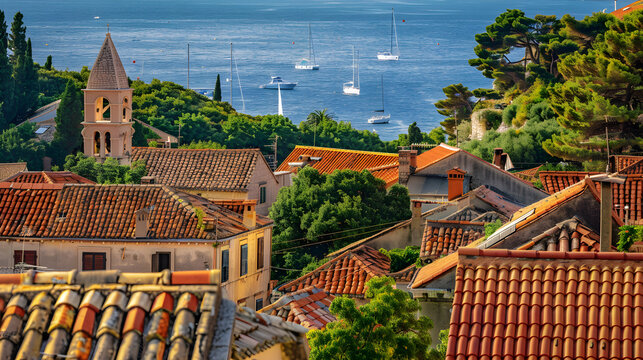 Fototapeta Scenic View of a Lazy Summer Afternoon in a Croatian Coastal Town: A Symphony of Villagely Charm and Serene Maritime