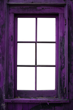 Old Lilac apocalyptic wood window frame. Isolated transparent background PNG. Grunge cracked and peeling paint wooden window frame cutout. Abandoned and old. Historical and dilapidated.
