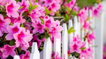 A picturesque snapshot of a vibrant pink azalea bush in bloom, gracefully leaning over a white picket fence, symbolizing the beauty of domestic gardens.