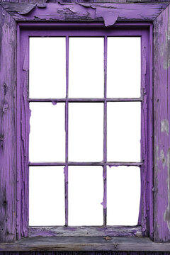 Lilac Old apocalyptic wood window frame. Isolated transparent background PNG. Grunge cracked and peeling paint wooden window frame cutout. Abandoned and old. Historical and dilapidated.