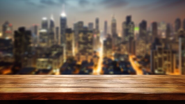 The empty wooden table top with blur background of cityscape. Exuberant image. generative AI