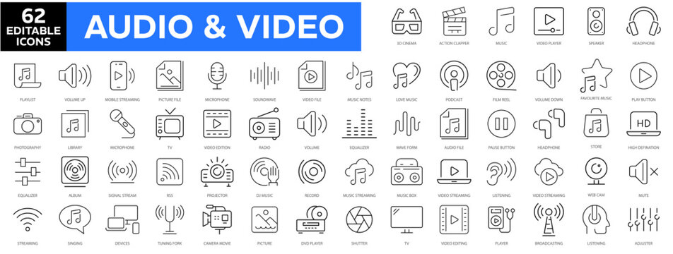 Audio & video icons set. Line icon collection set. Music, Cinema, File, Song, Movie and more. Simple vector icons. Vector illustration