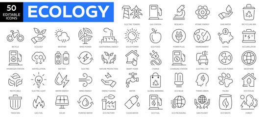 Ecology thin line icons set. editable stroke web icons. Renewable energy outline icons collection. Solar panel, recycle, eco, bio, power, water - stock vector.