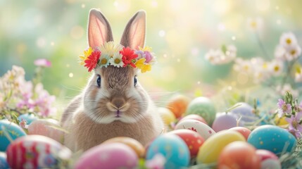 A cute organism, a bunny, adorned with a crown made of terrestrial plant petals, is joyfully...