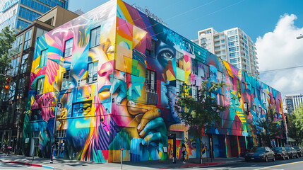 Naklejka premium A vibrant street art mural adorning the side of a building
