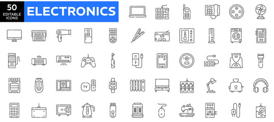 Fototapeta na wymiar Technology and Electronics and Devices Editable stroke web icons in line style. Device, phone, laptop, communication, smartphone, ecommerce. Vector illustration.