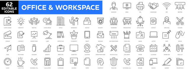 Office workspace icon collection - thin line web icon set. Outline style set. Office line icons set. Office and workspace line icons set. Сhair, coffee, time, manager, Simple vector illustration.