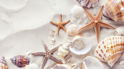 Fototapeta na wymiar Close-up image of a collection of various seashells and starfish on soft white sand, focusing on the textures and subtle color variations, space for text