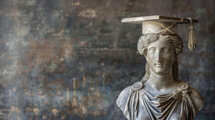 statue of a scholar, with a graduation cap, represents the bridge between historical education and contemporary academia, suitable for educational program marketing and graduation event materials.