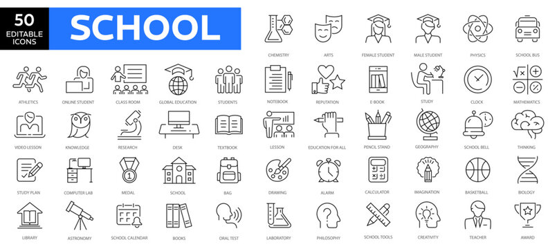 School thin line icons vector collection editable icons and stroke web icons of 
textbook,biology,maths,bag,schoolbus,pencilbox,students,desk,knowledge,library, vector stock