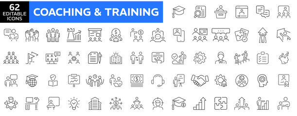 Business Training & Coaching thin line icons set. training, coaching, mentoring, education, meeting, conference, teamwork. Outline icon collection. Vector illustration