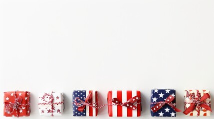Fototapeta premium A row of assorted red and blue star-spangled gifts against a white background, conveying a festive patriotic theme.