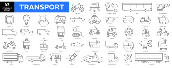 Transport thin line icons set. Vehicle icons. Transport editable stroke icons collection. Transport types web icons Vector illustration