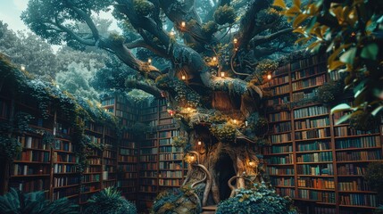A library where books grow on trees instead of fruit, their pages rustling like leaves in the wind, solid color background, 4k, ultra hd
