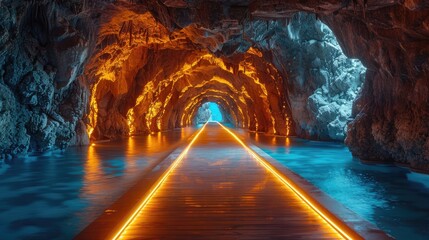 A lighted catwalk in the shape of a volcano for adventure tours, solid color background, 4k, ultra hd - obrazy, fototapety, plakaty