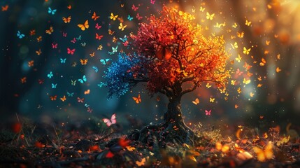 A magical tree in the forest whose leaves turn into colorful butterflies with every gust of wind, solid color background, 4k, ultra hd - obrazy, fototapety, plakaty
