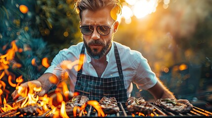 A man is barbecuing, solid color background, 4k, ultra hd - obrazy, fototapety, plakaty