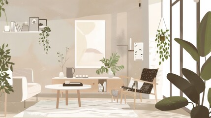 Illustration of a Scandinavian-style home decor scene, clean lines, neutral tones, and a touch of greenery adding life to the space, perfect for a lifestyle magazine