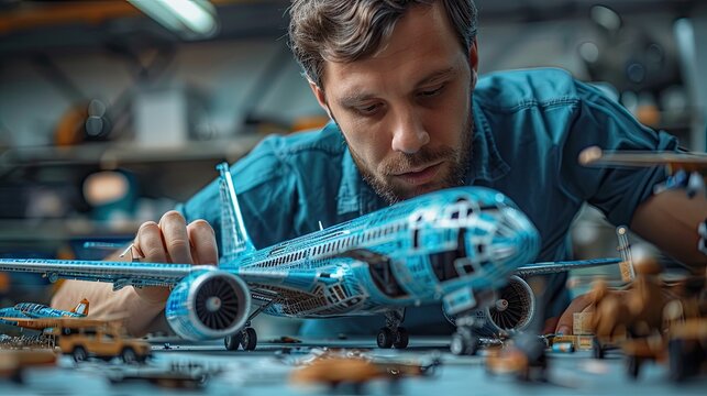 A man is assembling a model airplane, solid color background, 4k, ultra hd