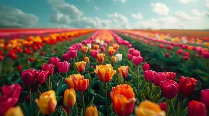  A vibrant tulip field in springtime bloom, with rows upon rows of vividly colored flowers stretching to the horizon © MuhammadInaam