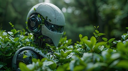A robotic gardener trims bushes, solid color background, 4k, ultra hd - obrazy, fototapety, plakaty
