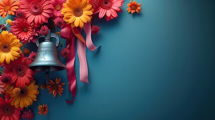A school bell decorated with flowers and ribbons, solid color background, 4k, ultra hd - obrazy, fototapety, plakaty