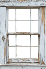 White Old apocalyptic wood window frame. Isolated transparent background PNG. Grunge cracked and peeling paint wooden window frame cutout. Abandoned and old. Historical and dilapidated.