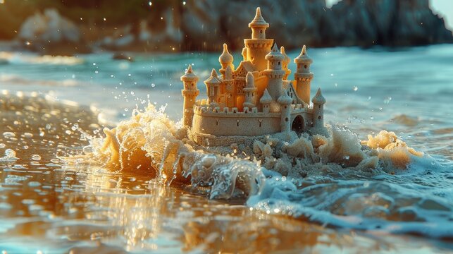 A sand castle that never crumbles, even under the waves of the ocean, solid color background, 4k, ultra hd