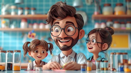 A teacher who teaches children the basics of physics through experiments, solid color background, 4k, ultra hd
