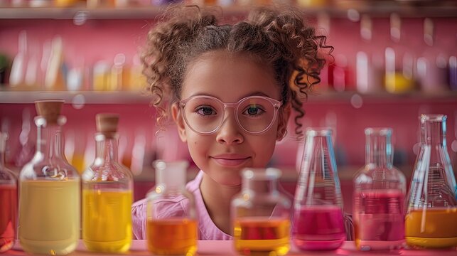 A teacher who teaches children the basics of chemistry through lab work, solid color background, 4k, ultra hd